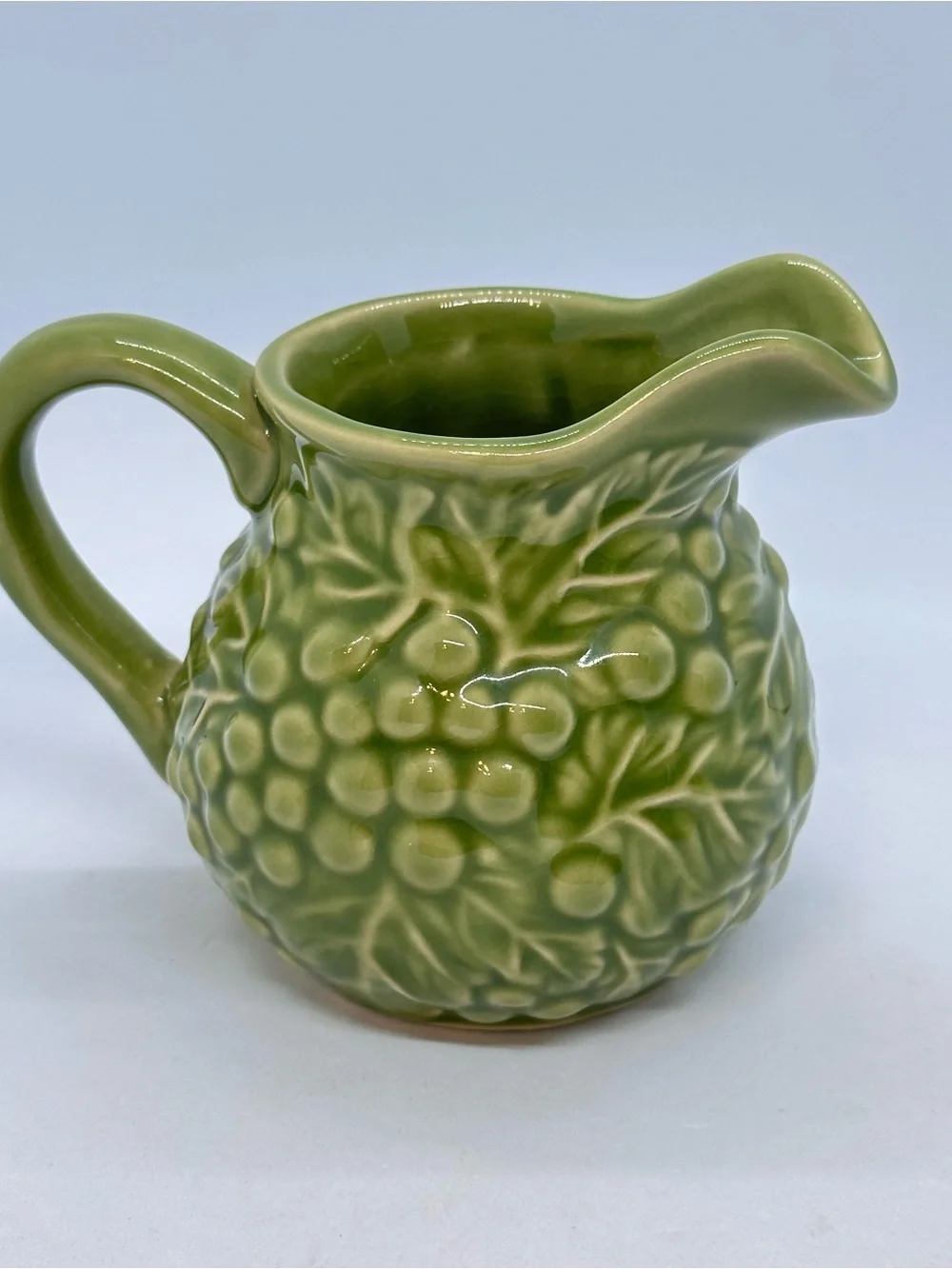 Vintage Green Grape Vine Ceramic Sugar Bowl with Lid and Creamer Set*Has Crazing